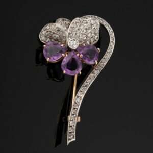 Broche Pensée en or, argent, diamants et améthystes
