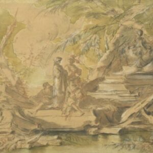 Dessin classique à l'encre et aquarelle, scène pastorale du XVIIIe siècle