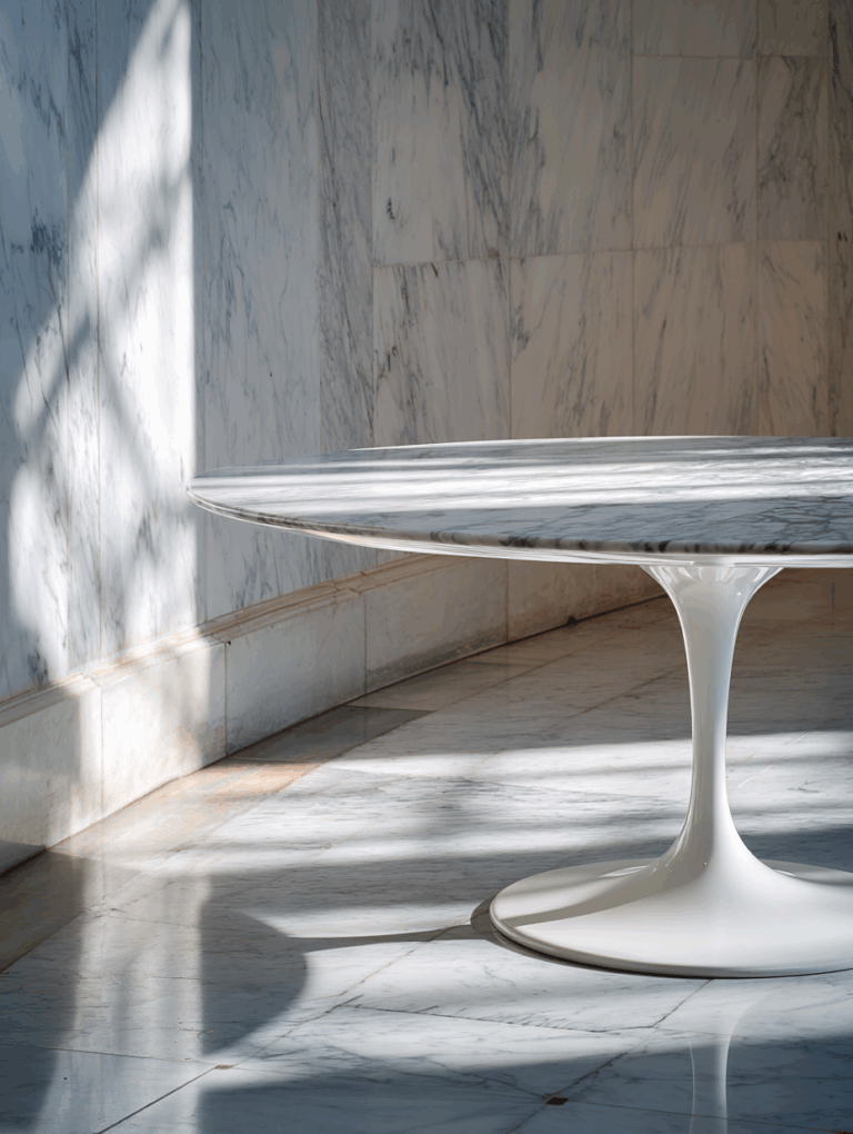 Table Tulip Eero Saarinen 1956 Knoll International, plateau marbre Carrare rond, piédestal aluminium blanc sculpturel, design américain moderne.