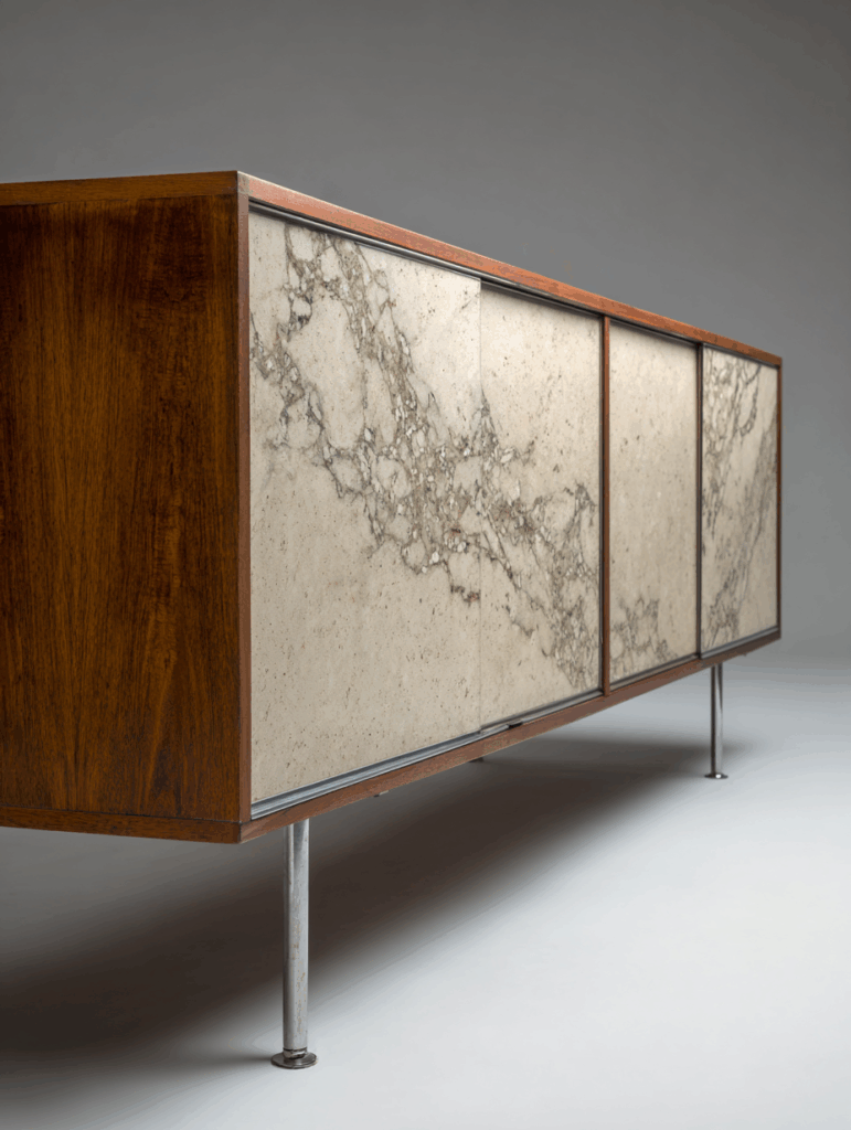 Buffet Florence Knoll 1961 authentique, noyer américain travertin, piètement acier chromé, Knoll Planning Unit estampillé, provenance documentée architecte parisien.
