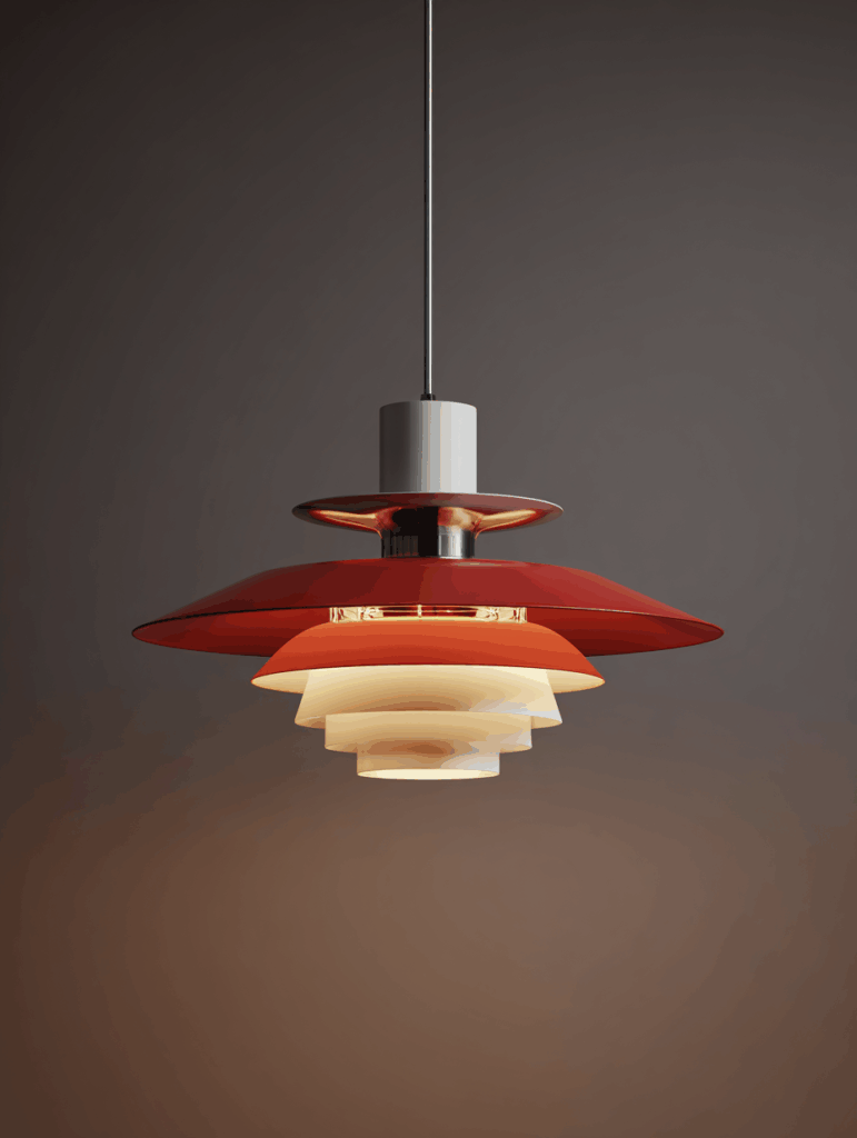 Suspension PH5 Poul Henningsen 1958 Louis Poulsen parfait état, système réflexion breveté intact, finition rouge blanc origine, câblage européen époque.