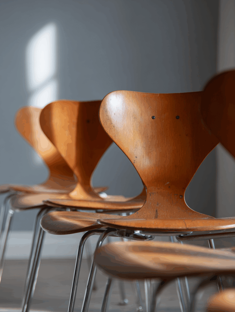 6 chaises Ant Arne Jacobsen 1952 modèle 3101, contreplaqué teck années 60, piètement tubulaire chromé Fritz Hansen, marquage origine conservé.