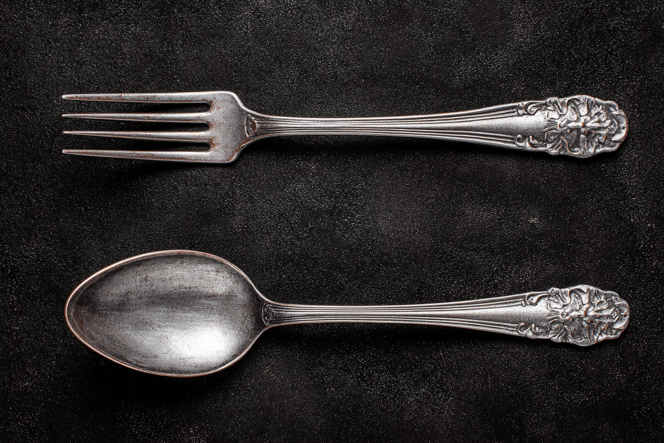 Une fourchette et une cuillère posées sur la table, sur fond noir, vues de dessus, couverts en argent