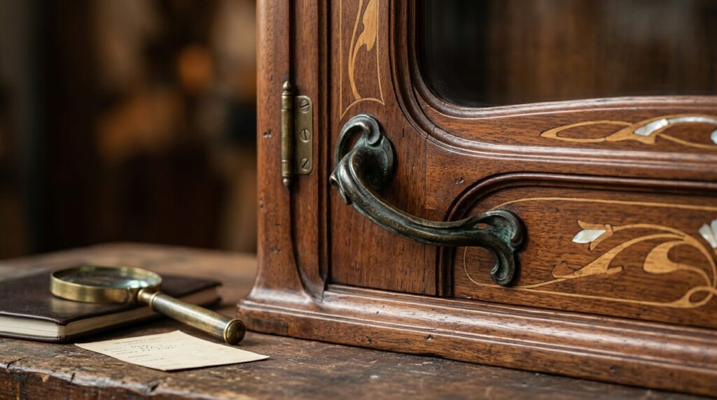 Gros plan sur un meuble Art Nouveau ancien à Bruxelles, avec poignée en bronze patiné, marqueterie en bois et accessoires d’expertise Pour le champ Titre de l’image, tu peux mettre : Détail meuble Art Nouveau ancien Pour la légende, tu peux mettre : Détail d’un meuble Art Nouveau ancien : marqueterie, poignée en bronze patiné et éléments d’expertise.