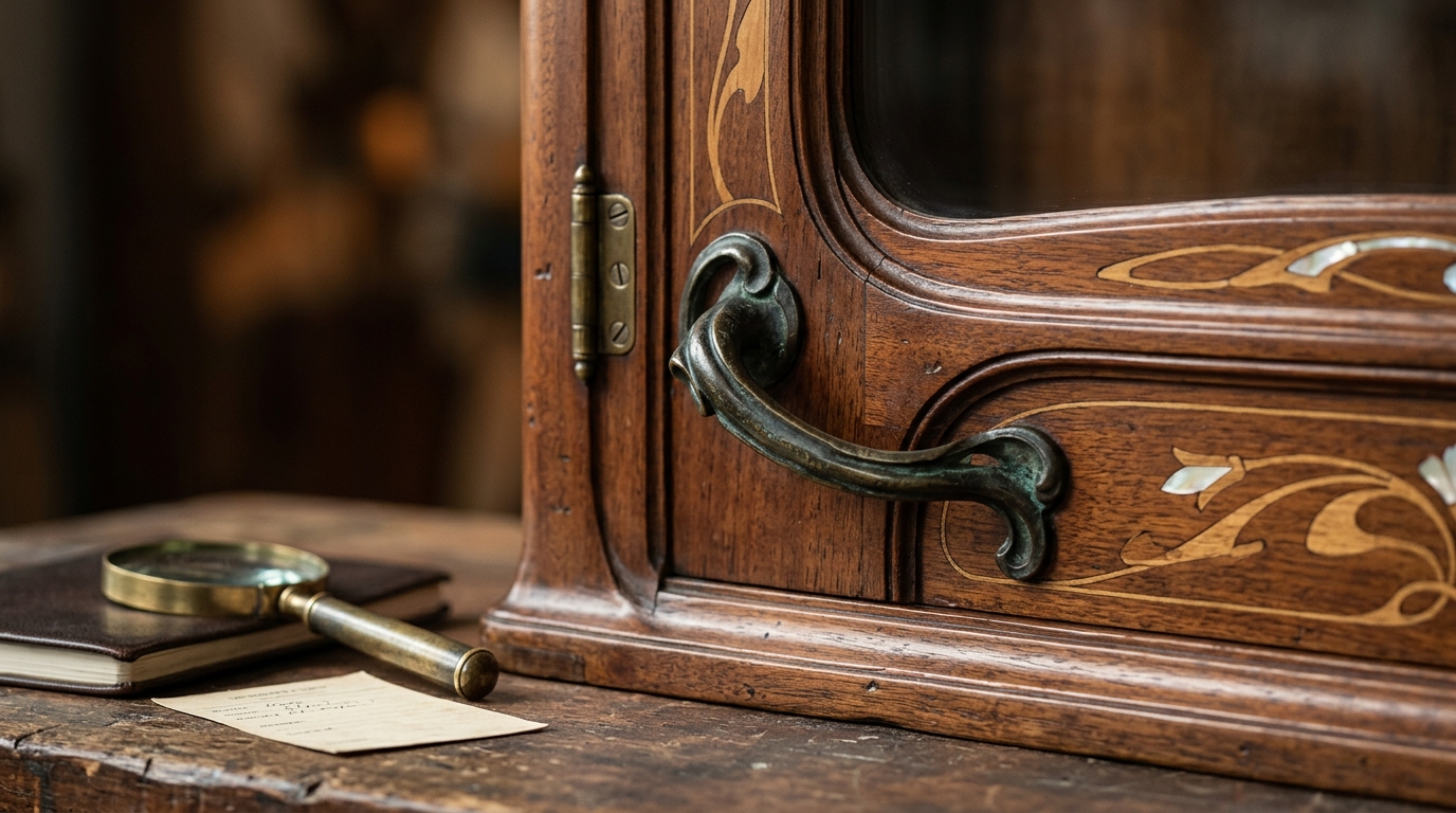 Gros plan sur un meuble Art Nouveau ancien à Bruxelles, avec poignée en bronze patiné, marqueterie en bois et accessoires d’expertise Pour le champ Titre de l’image, tu peux mettre : Détail meuble Art Nouveau ancien Pour la légende, tu peux mettre : Détail d’un meuble Art Nouveau ancien : marqueterie, poignée en bronze patiné et éléments d’expertise.