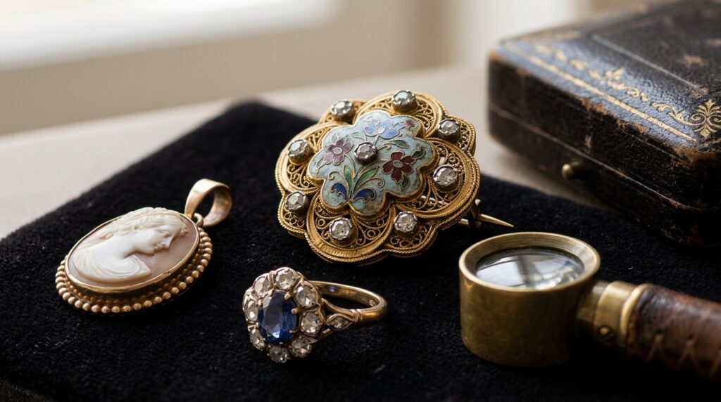 Bijoux anciens belges avec camée, broche émaillée, bague sertie et loupe d’expertise