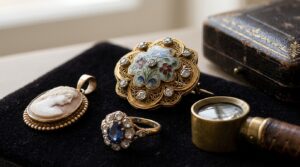 Bijoux anciens belges avec camée, broche émaillée, bague sertie et loupe d’expertise