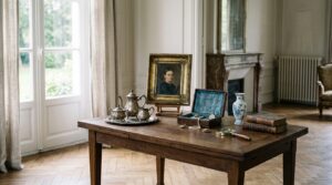 Objets anciens disposés sur une table dans une maison familiale à Ottignies avant estimation