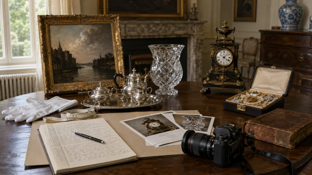 Tableau ancien, argenterie, cristal, pendule et bijoux photographiés et documentés en vue de leur assurance.