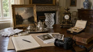 Tableau ancien, argenterie, cristal, pendule et bijoux photographiés et documentés en vue de leur assurance.