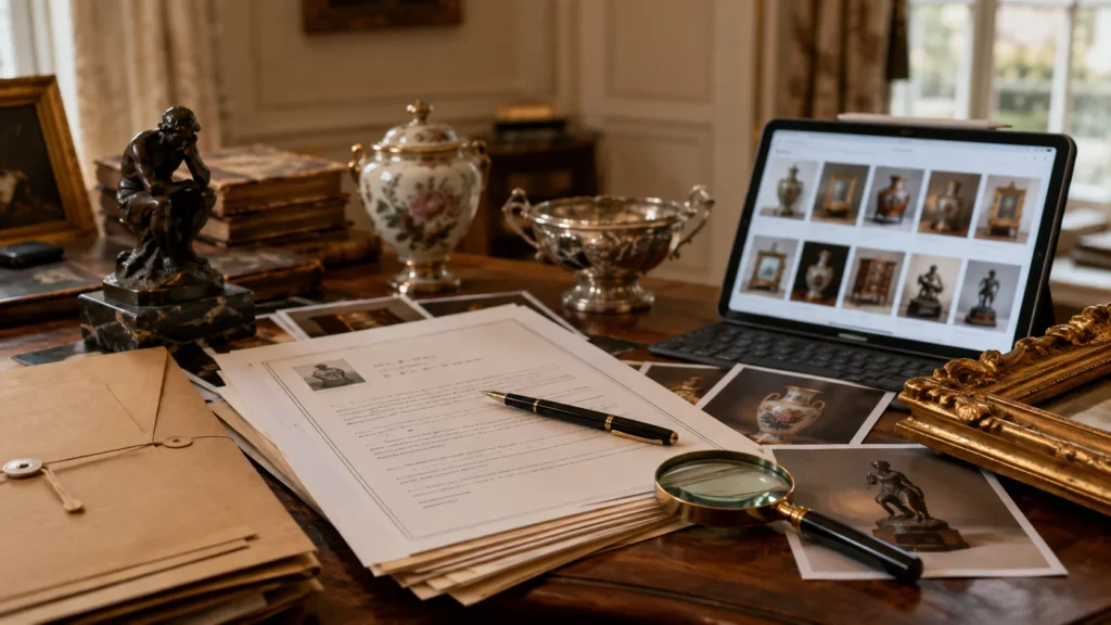 Rapport d’expertise, photographies et inventaire numérique utilisés pour documenter la valeur d’objets d’art et d’antiquités.