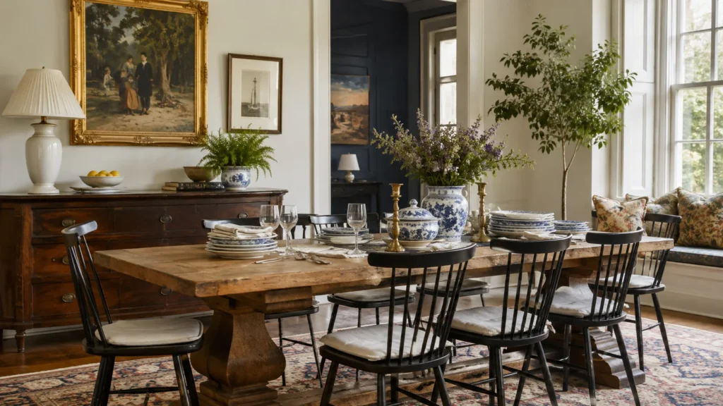 Table ancienne, vaisselle en porcelaine, cadres dorés et chaises contemporaines dans une salle à manger grandmillennial.