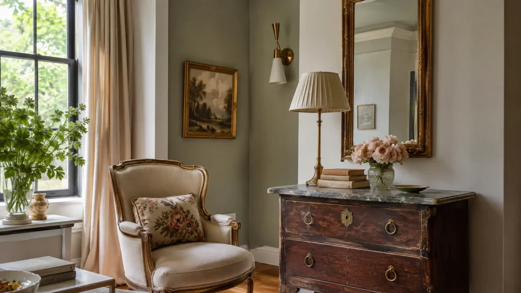 Fauteuil ancien, commode en bois, miroir doré et accessoires fleuris composant un intérieur chaleureux mêlant ancien et moderne.