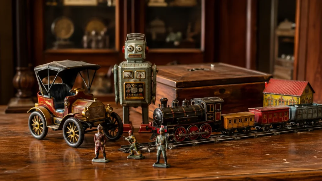 Antieke modeltrein, speelgoedauto, blikken robot en beschilderde figuren op een oude houten tafel.