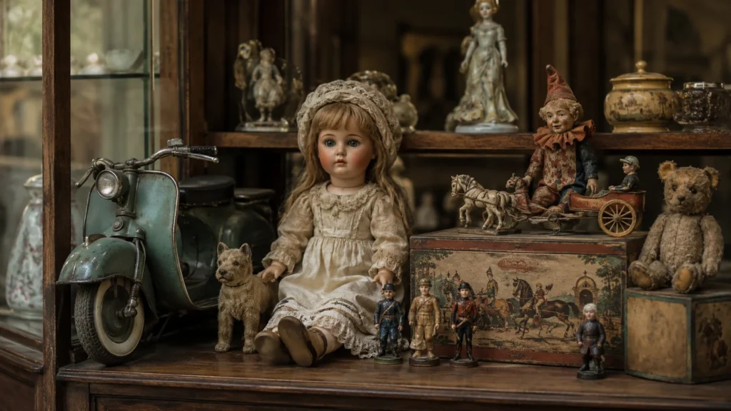Poupée ancienne, scooter miniature, soldats, ours et jouet mécanique présentés dans une vitrine de collection.