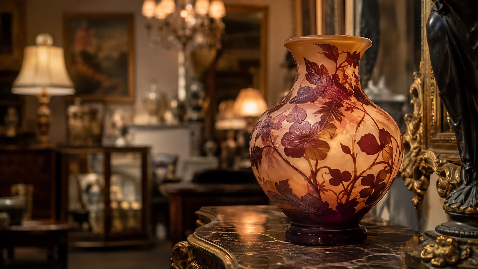 Vase ancien en verre multicouche à décor floral gravé, présenté dans un intérieur d’antiquaire.
