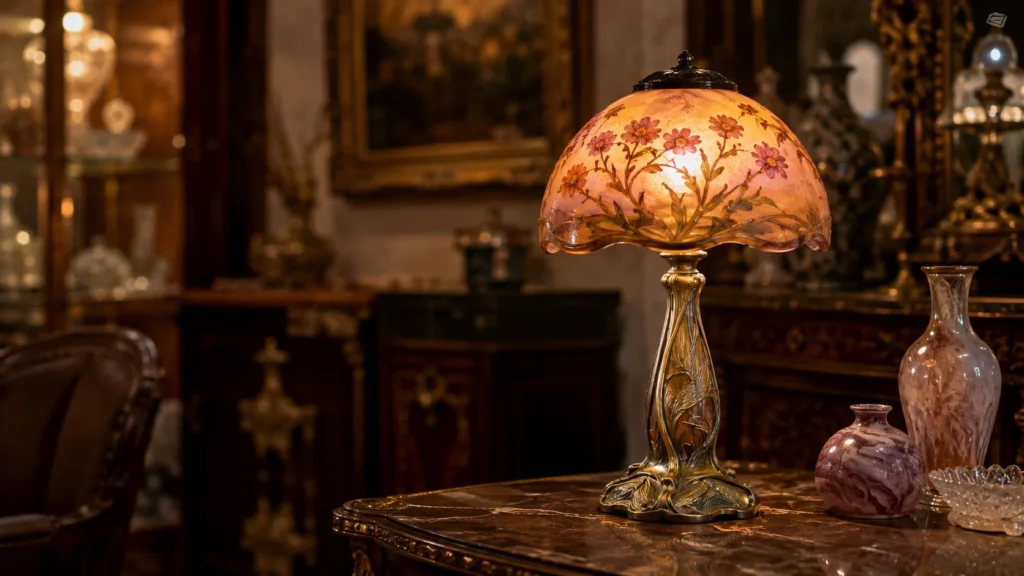 Art-nouveaulamp met een bloemrijk gedecoreerde glazen kap en een bronzen montuur in een klassiek interieur.