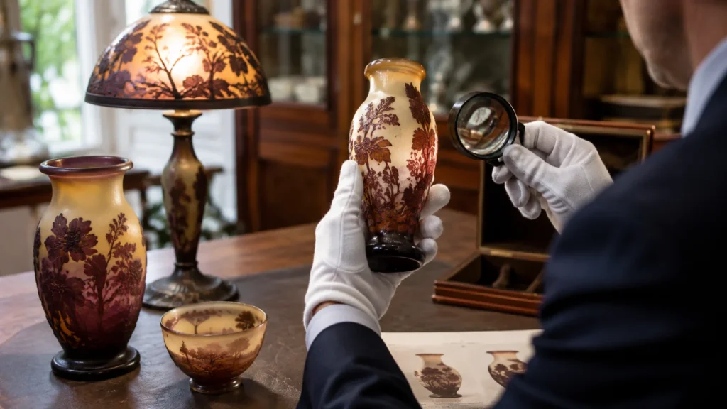 Expert onderzoekt met een vergrootglas een vaas in caméeglas tussen verschillende antieke art-nouveauglasobjecten.
