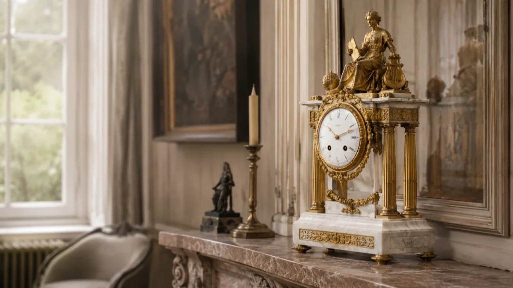 Pendule ancienne de style Empire en bronze doré et marbre blanc, exposée sur une cheminée dans un intérieur classique.