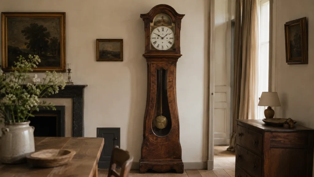 Grande horloge comtoise ancienne en bois avec cadran peint et balancier, installée dans un intérieur traditionnel.