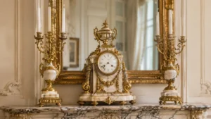 Garniture de cheminée composée d’une pendule en marbre et bronze doré accompagnée de deux candélabres assortis.