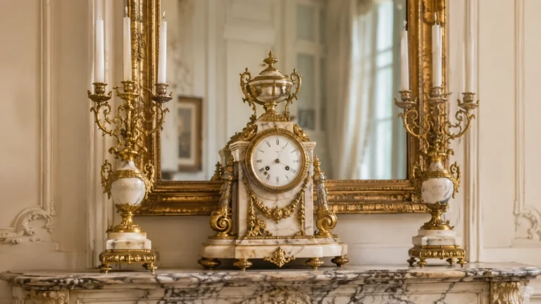 Garniture de cheminée composée d’une pendule en marbre et bronze doré accompagnée de deux candélabres assortis.