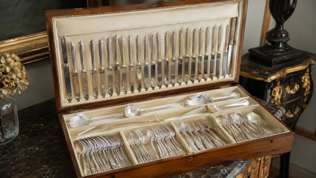 Ménagère ancienne en métal argenté présentée dans un coffret en bois, avec couteaux, fourchettes, cuillères et pièces de service.