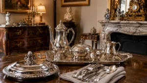 Service ancien en métal argenté composé d’une cafetière, d’un plat couvert, d’un plateau, d’un pot à lait et de couverts assortis.