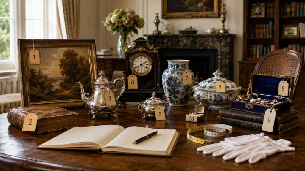Antiek schilderij, zilverwerk, pendule, porselein, juwelen en oude boeken worden genummerd tijdens de inventaris van een nalatenschap.