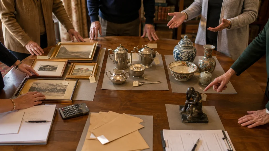 Meerdere erfgenamen bekijken schilderijen, zilverwerk, keramiek en beeldhouwwerken die in verschillende loten op een tafel zijn opgesteld.