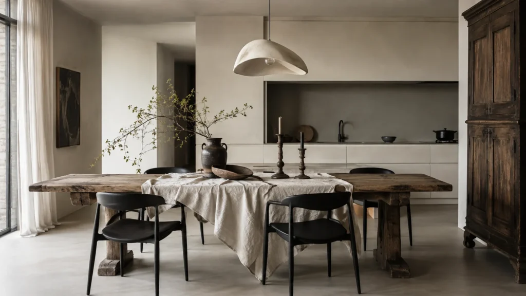 Grande table ancienne en bois associée à des chaises modernes dans une salle à manger minimaliste.