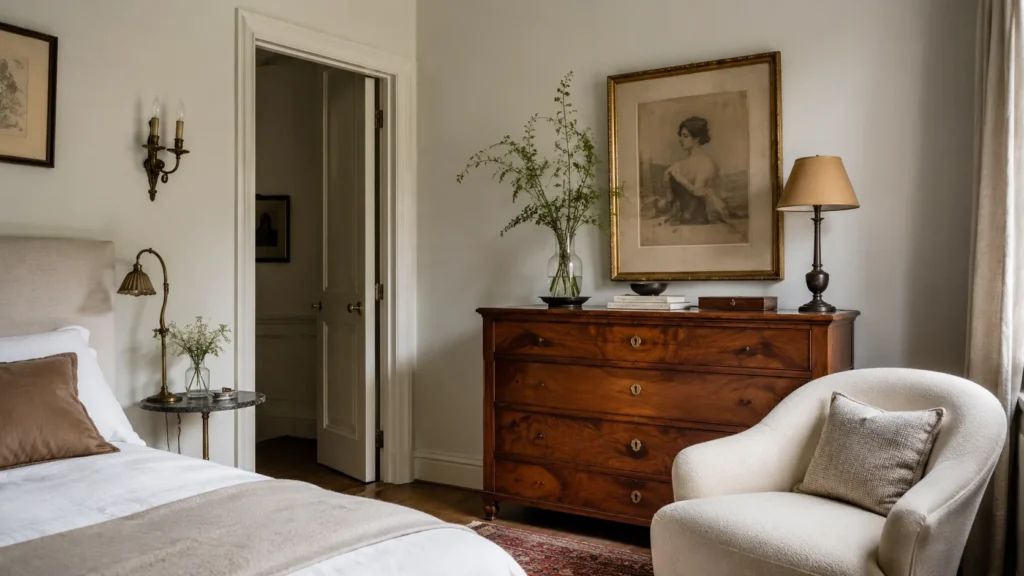 Commode ancienne, portrait encadré et luminaires vintage associés à un fauteuil moderne dans une chambre élégante.