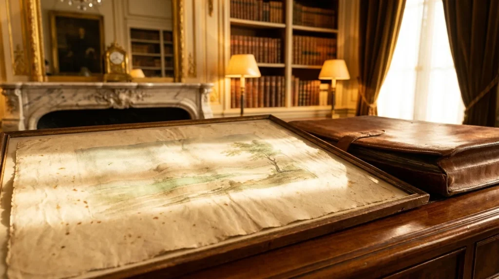 Oude aquarel op papier, neergelegd op een antiek bureau, naast een leren portfolio, in een antieke bibliotheek