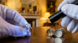 Contrôle de la fluorescence d'un diamant ancien sous lampe UV lors d'une expertise.
