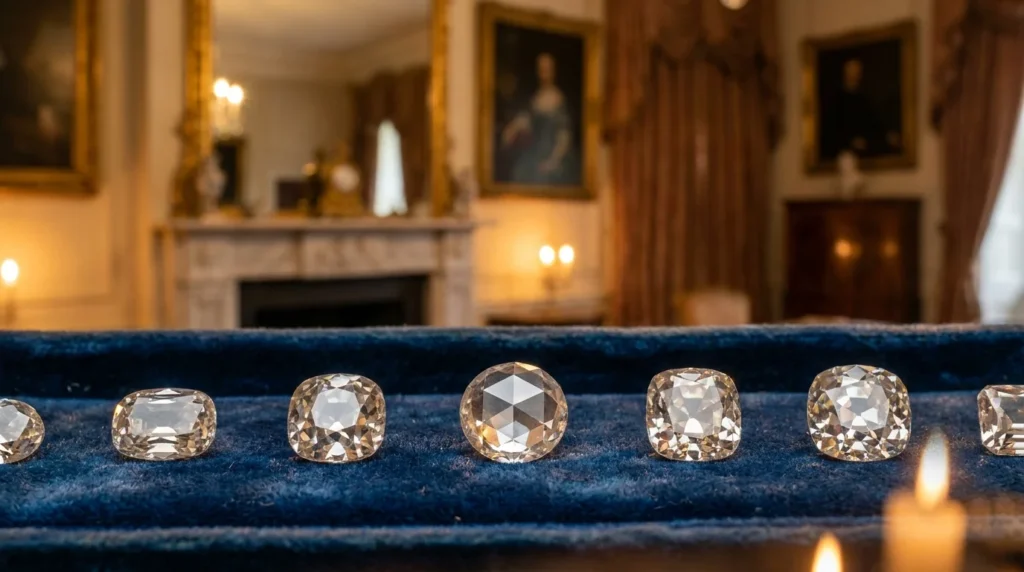 Plateau présentant plusieurs diamants de taille ancienne différents côte à côte pour comparaison