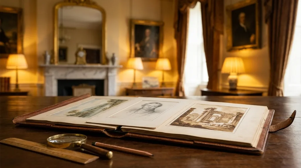 Table de catalogage de dessins anciens et aquarelles avec portfolio en cuir et loupe